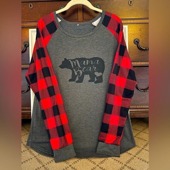 Mama Bear gray long sleeved T-shirt with red and black checked sleeves L - Picture 1 of 10